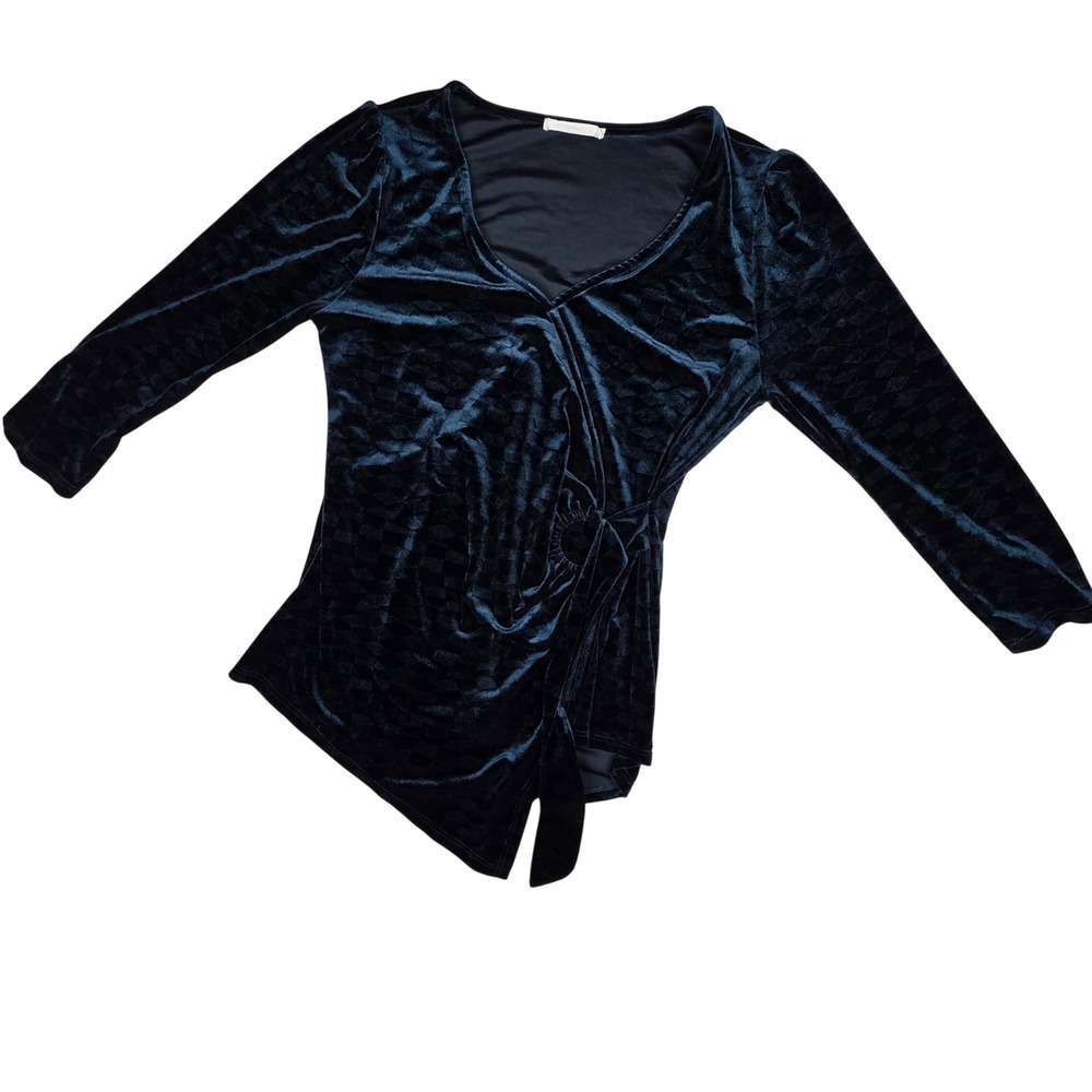 Beacon Apparel Dark Green Velvet Burnout‎ Faux Wrap Top 3/4 sleeves V Neck M